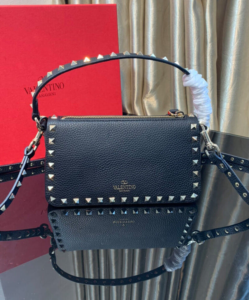 Valentino Small Rockstud Grainy Calfskin Crossbody Bag With All-Over Studs Black